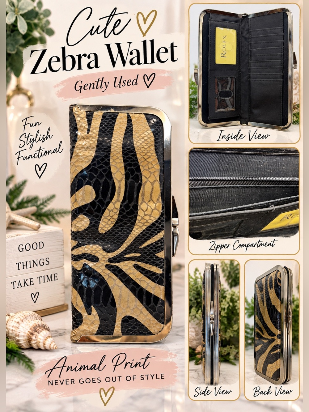 Retro Glam Cute Zebra Wallet - Black and Gold Animal Print